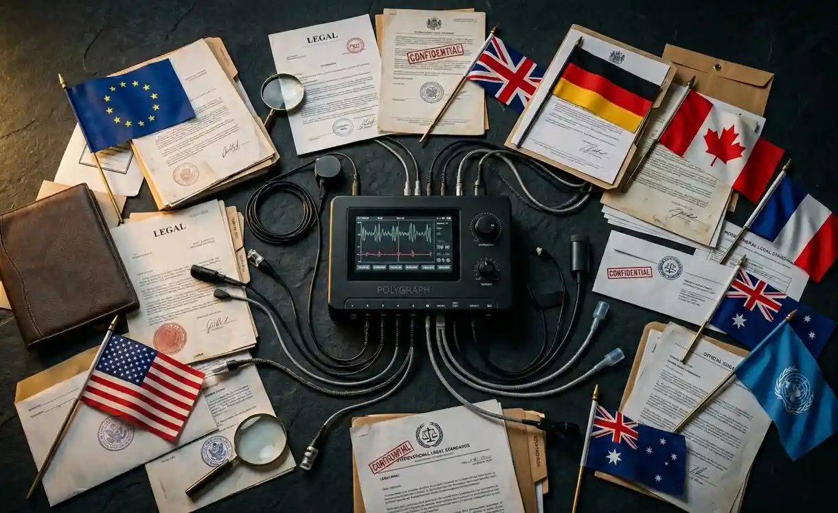 Пристрій поліграфа, юридичні документи та прапори різних країн — заборона детектора брехні у світі
