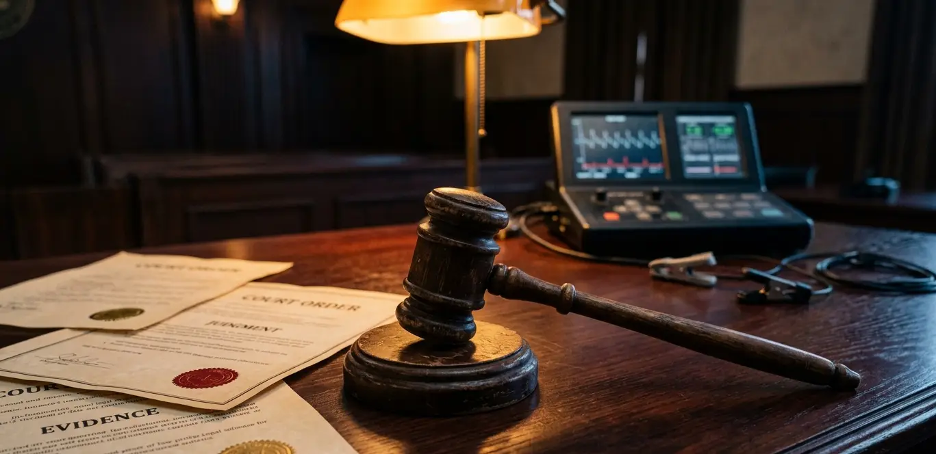 Зал суду, молоток судді, пристрій поліграфа — судові прецеденти заборони