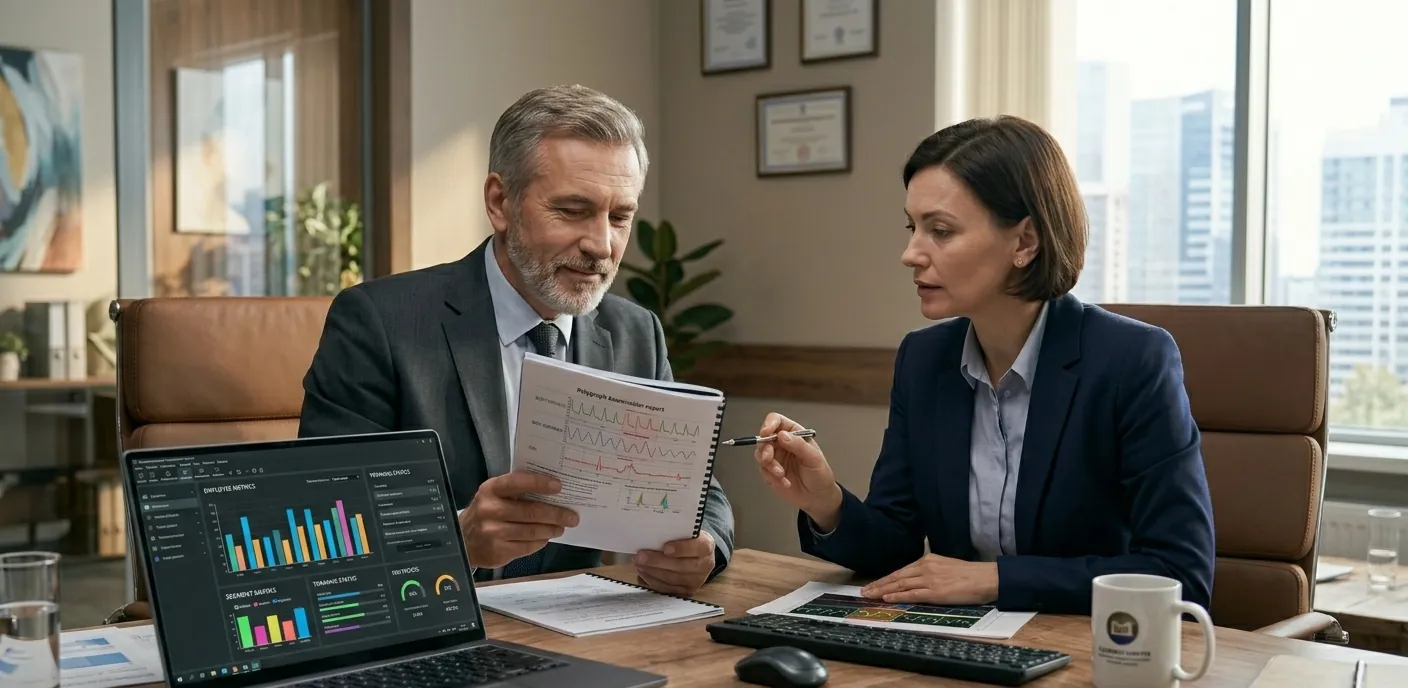 Керівник та HR-спеціаліст вивчають експертний висновок за підсумками перевірки на поліграфі