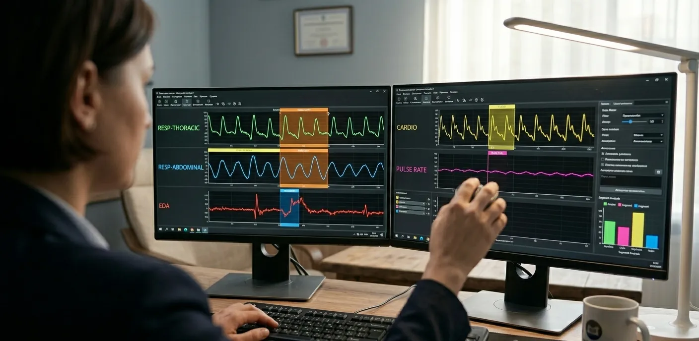 Аналіз поліграм на моніторі комп'ютера після перевірки на детекторі брехні