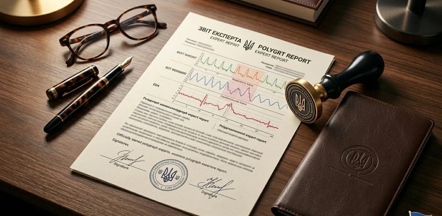 Офіційний експертний висновок поліграфолога на столі юриста з печаткою та ручкою