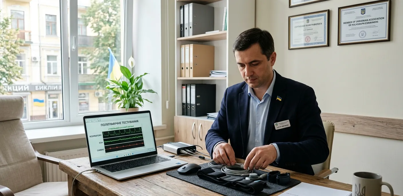 Професійний поліграфолог готує обладнання для перевірки на детекторі брехні