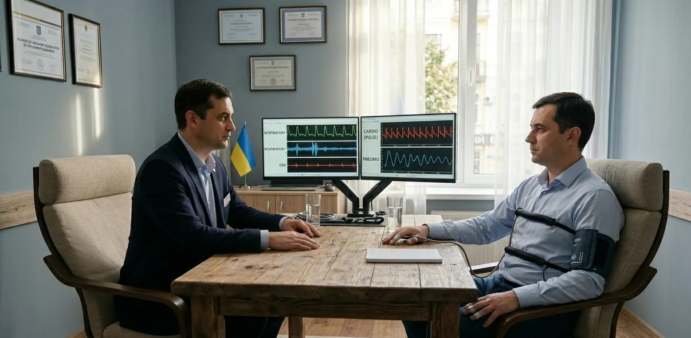Процес перевірки на поліграфі: клієнт із датчиками та поліграфолог за монітором